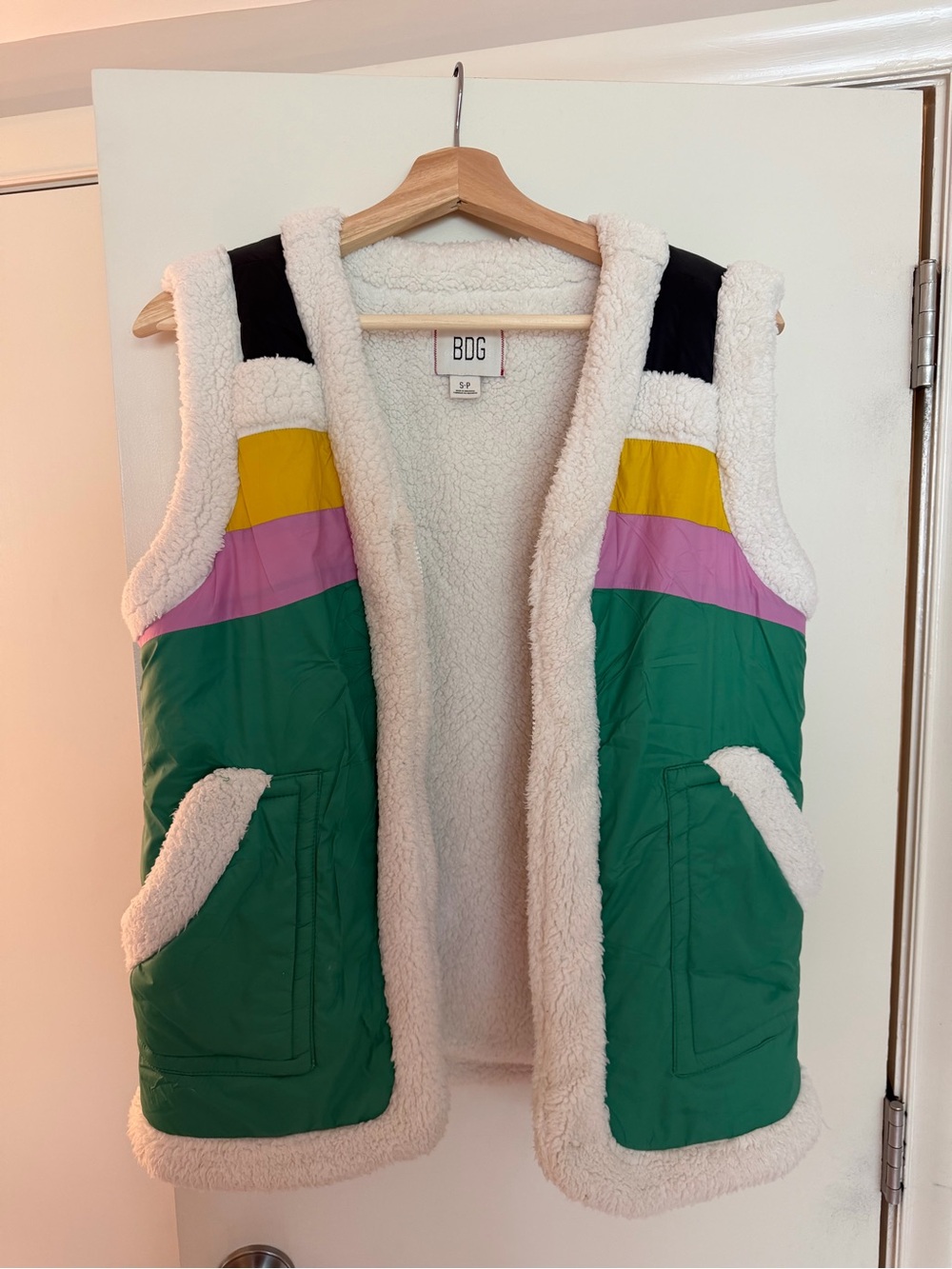 BDG Colorblock Sherpa Vest in Green, Yellow, Purple
